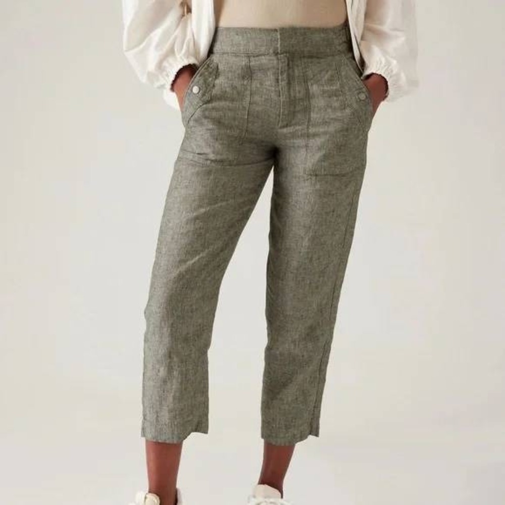 Athleta Voyager Cropped Linen Pants in Aspen Olive‎ Green Size 6
